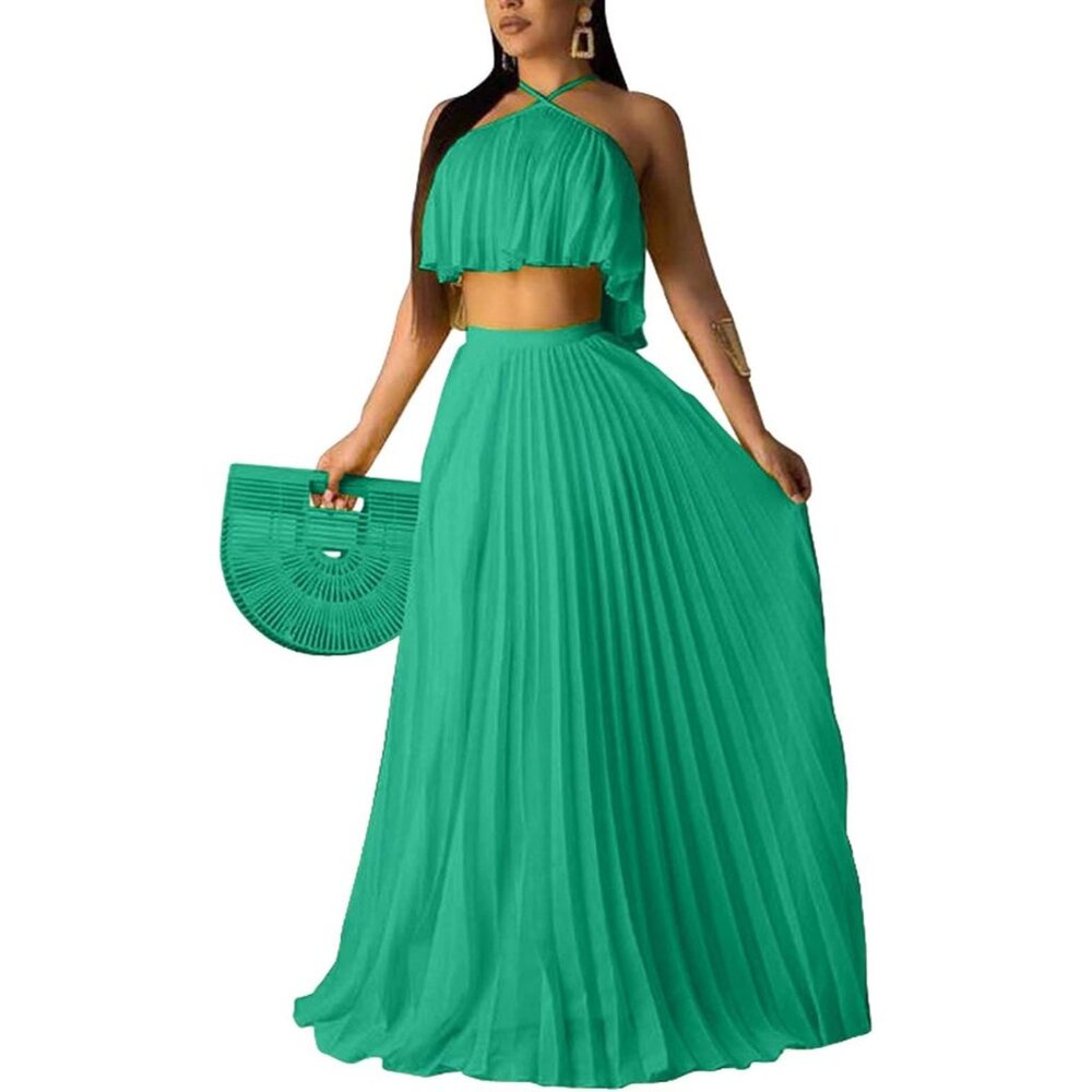 Women's Chiffon Two Piece Maxi Dress Set Sleeveless Crop Top Flowy Skirt